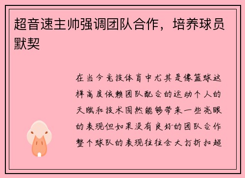 超音速主帅强调团队合作，培养球员默契