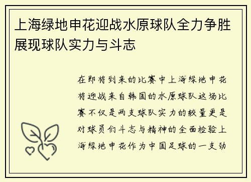 上海绿地申花迎战水原球队全力争胜展现球队实力与斗志